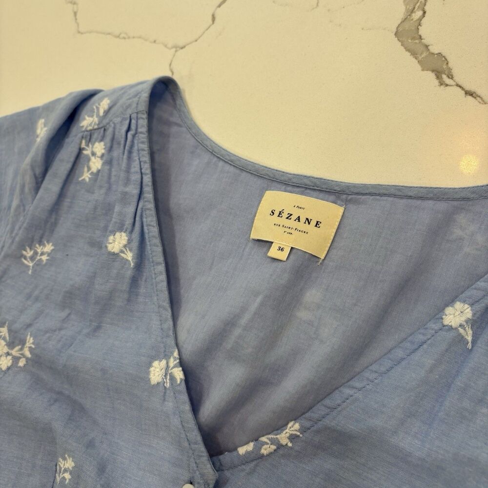 Sezane Dress Size Small (36) Blue Mini Floral Dainty Button Front Short Sleeve - Picture 6 of 7